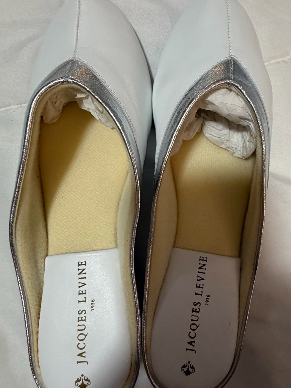 Jacques Levine White Pointed Toe Flats with Silver Trim